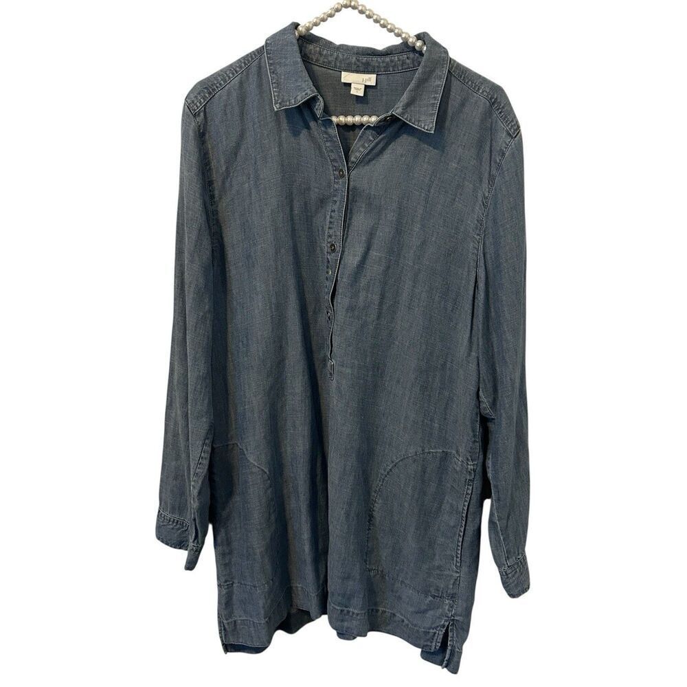 J. Jill Women’s Denim Shirt Blouse Chambray Tunic‎ Top SIZE Large Linen Blend